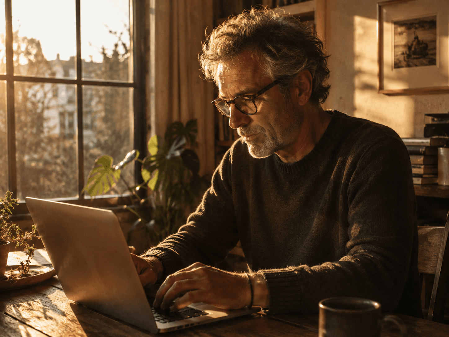 Mann mit Brille arbeitet konzentriert am Laptop im warmen Nachmittagslicht